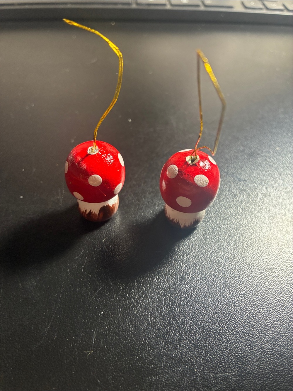 2 wooden hand painted mushroom toadstool ornament